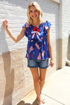American Flag Blue & Red Stars & Bow Print Woven Top - Charming Charlie