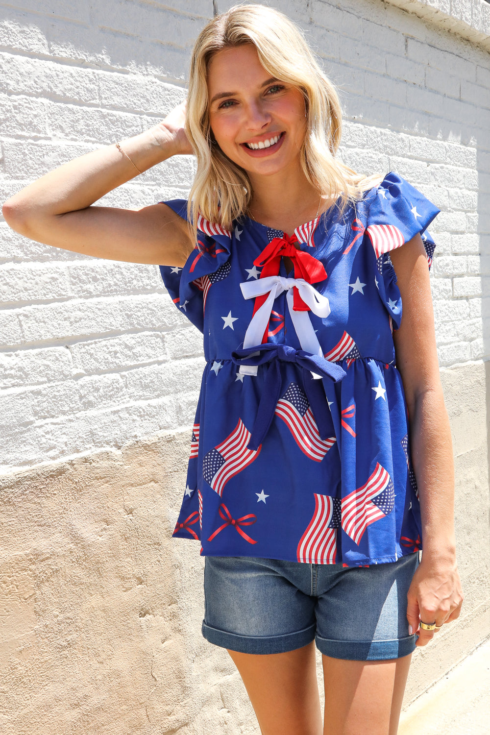 American Flag Blue & Red Stars & Bow Print Woven Top - Charming Charlie