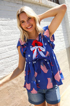 American Flag Blue & Red Stars & Bow Print Woven Top - Charming Charlie
