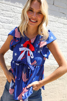 American Flag Blue & Red Stars & Bow Print Woven Top - Charming Charlie