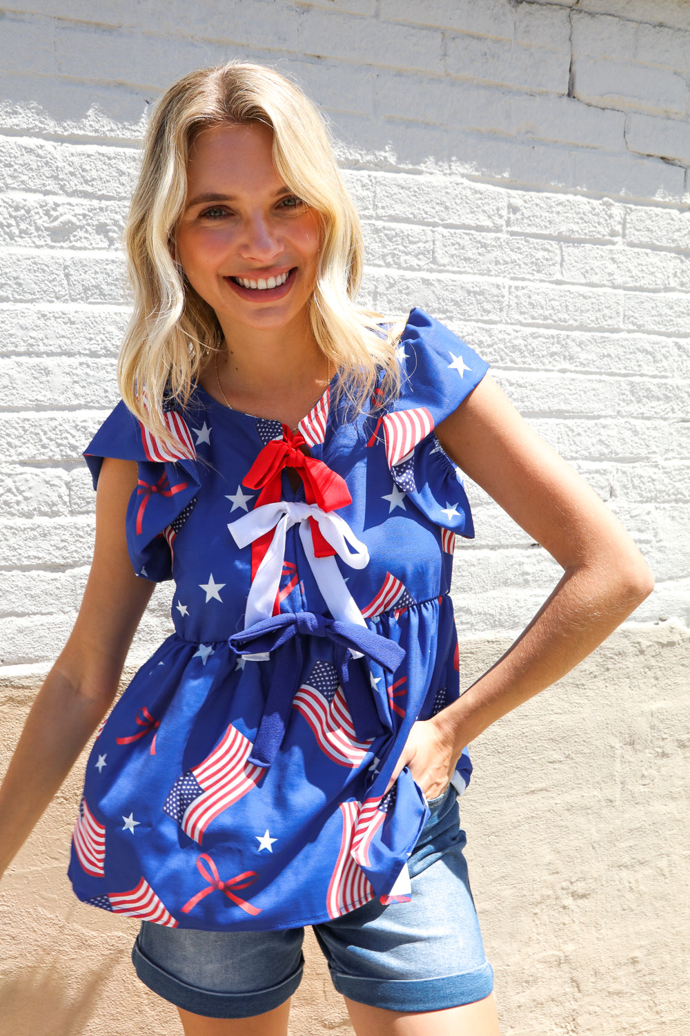 American Flag Blue & Red Stars & Bow Print Woven Top - Charming Charlie