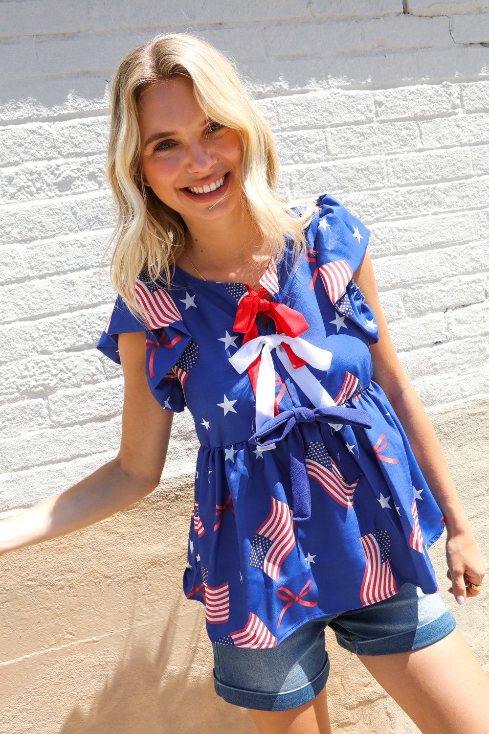 American Flag Blue & Red Stars & Bow Print Woven Top - Charming Charlie