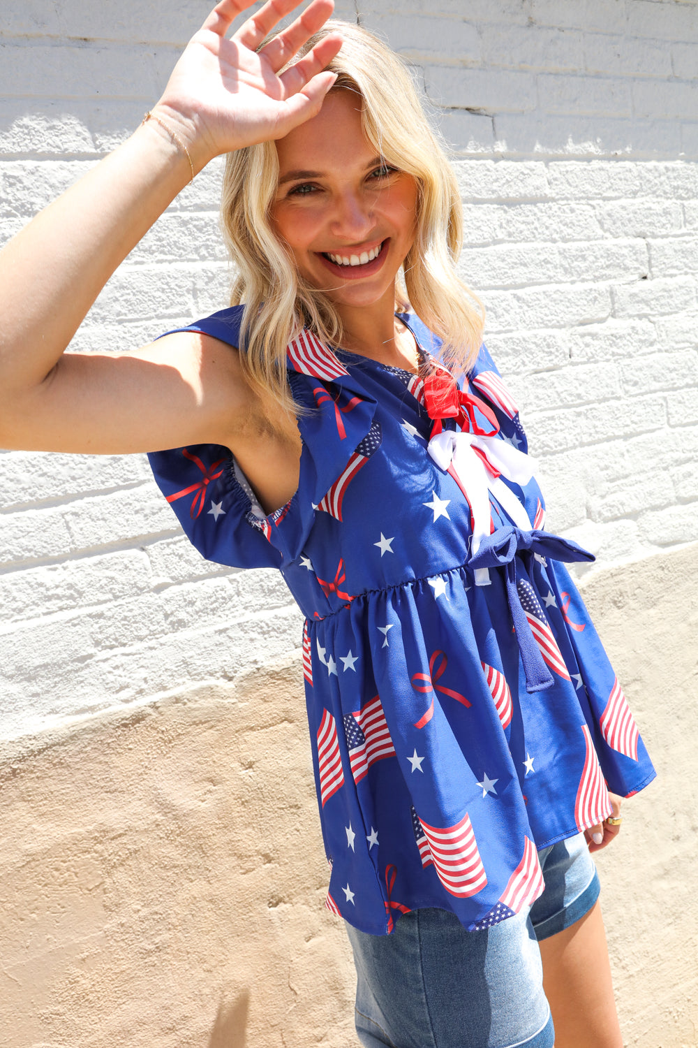 American Flag Blue & Red Stars & Bow Print Woven Top - Charming Charlie