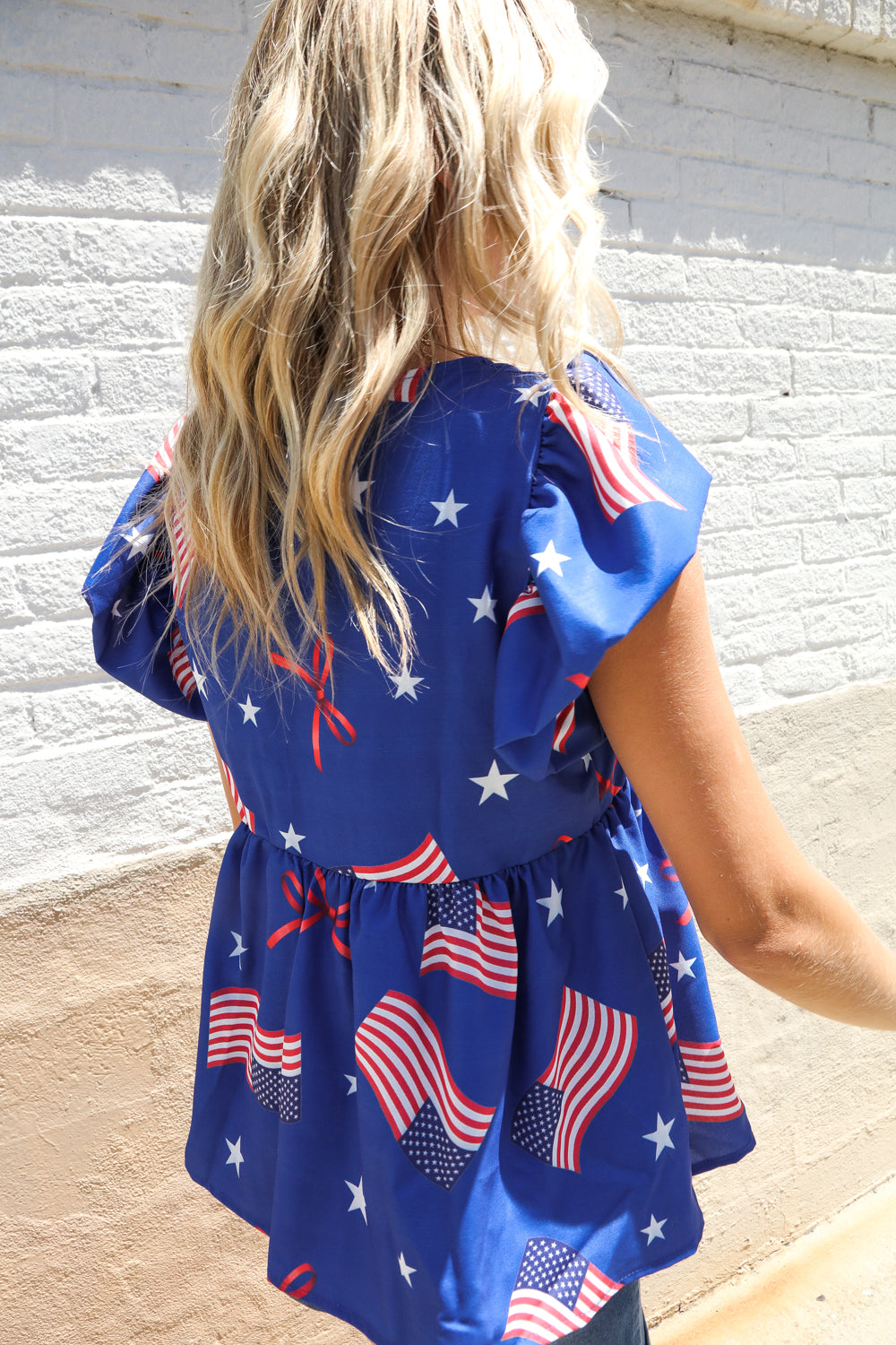 American Flag Blue & Red Stars & Bow Print Woven Top - Charming Charlie