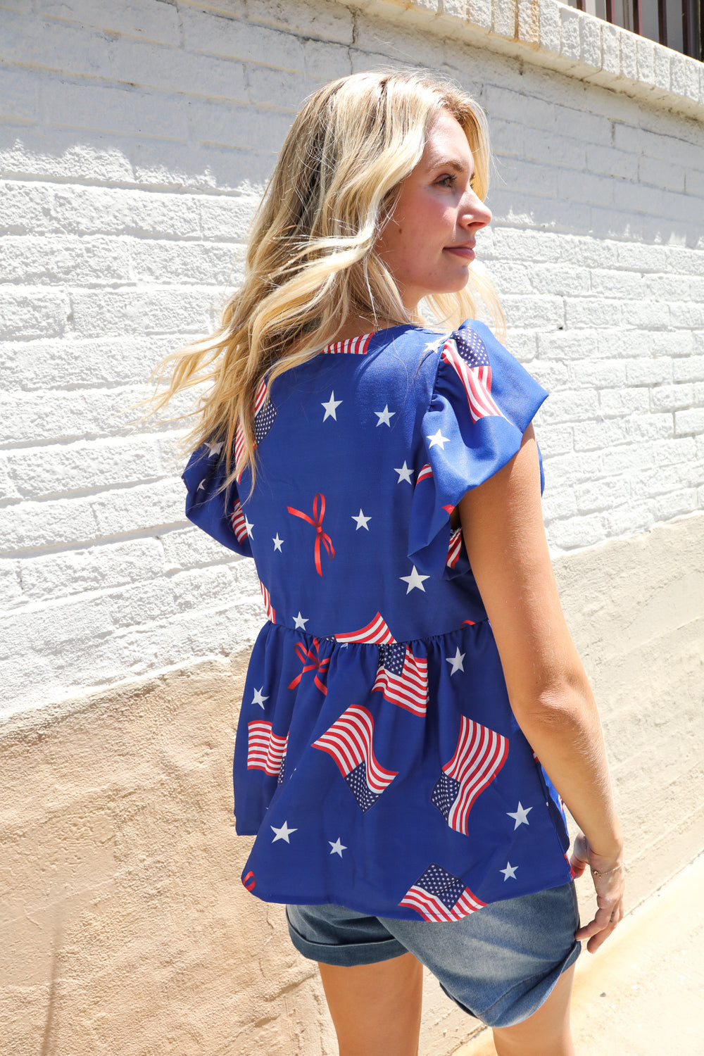 American Flag Blue & Red Stars & Bow Print Woven Top - Charming Charlie