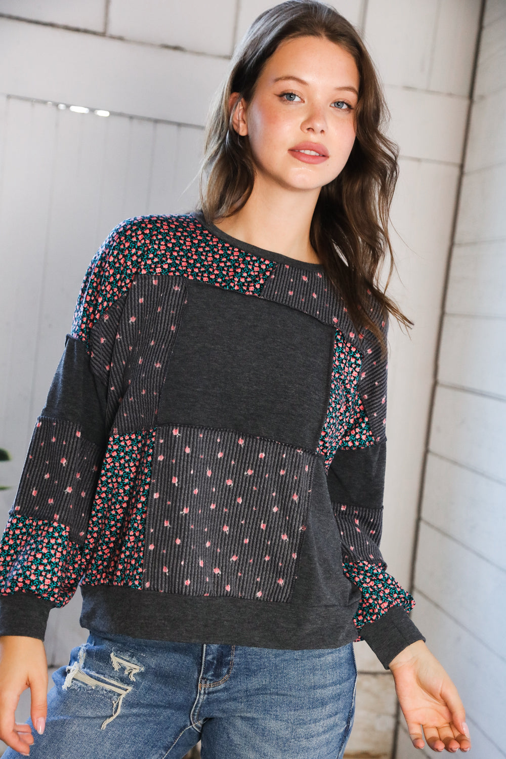 Lazy Daisies Charcoal Pullover - Charming Charlie