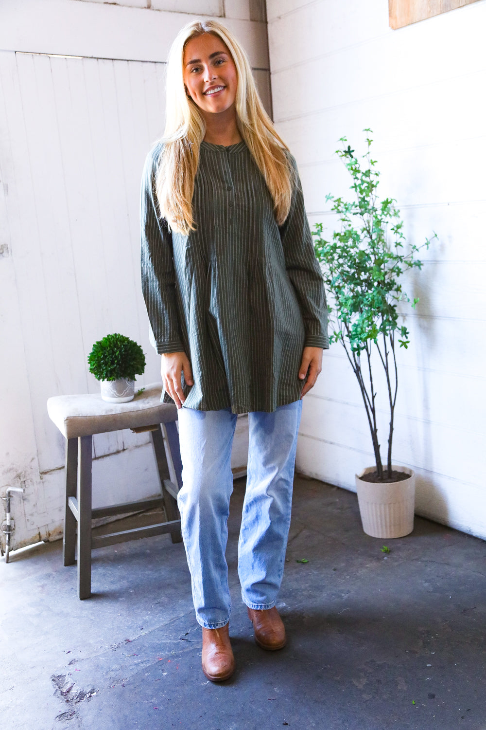 Read Between the Lines Olive Button Cotton Tunic - Charming Charlie