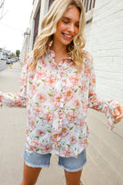 The Feminine Touch Chiffon Button-Down Floral Ruffle Sleeve Blouse - Charming Charlie