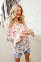 The Feminine Touch Chiffon Button-Down Floral Ruffle Sleeve Blouse - Charming Charlie