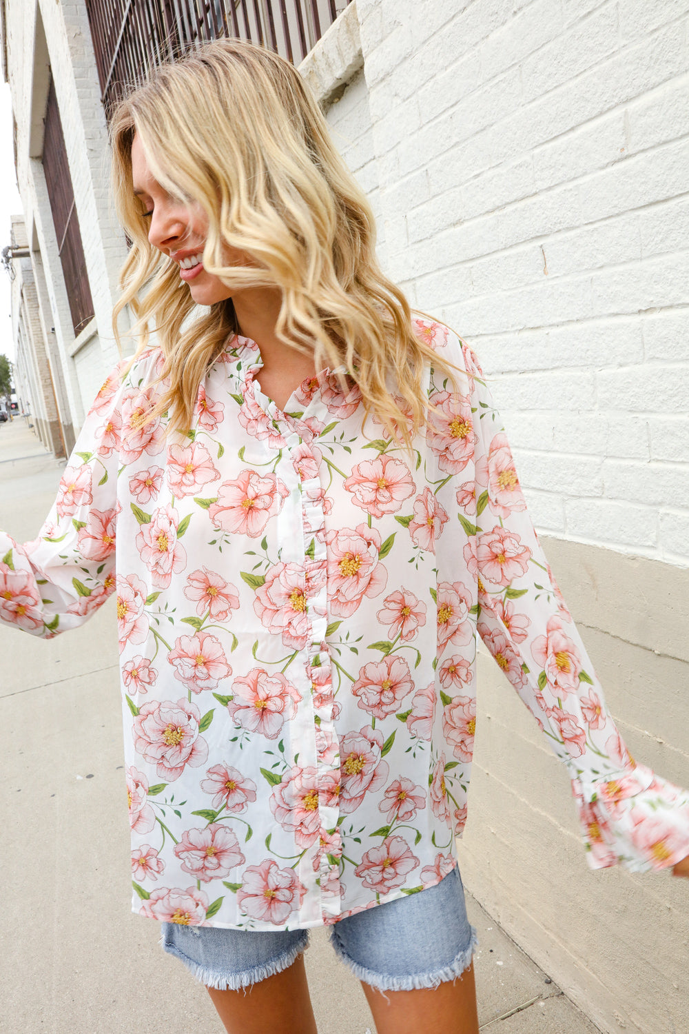 The Feminine Touch Chiffon Button-Down Floral Ruffle Sleeve Blouse - Charming Charlie
