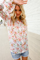 The Feminine Touch Chiffon Button-Down Floral Ruffle Sleeve Blouse - Charming Charlie