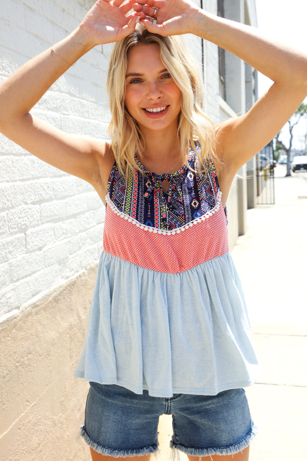 Vacay Vibes Coral/Blue Boho Print Color Block Sleeveless Top - Charming Charlie