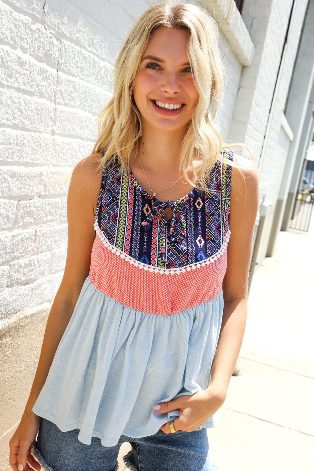 Vacay Vibes Coral/Blue Boho Print Color Block Sleeveless Top - Charming Charlie