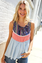 Vacay Vibes Coral/Blue Boho Print Color Block Sleeveless Top - Charming Charlie