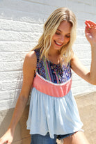Vacay Vibes Coral/Blue Boho Print Color Block Sleeveless Top - Charming Charlie