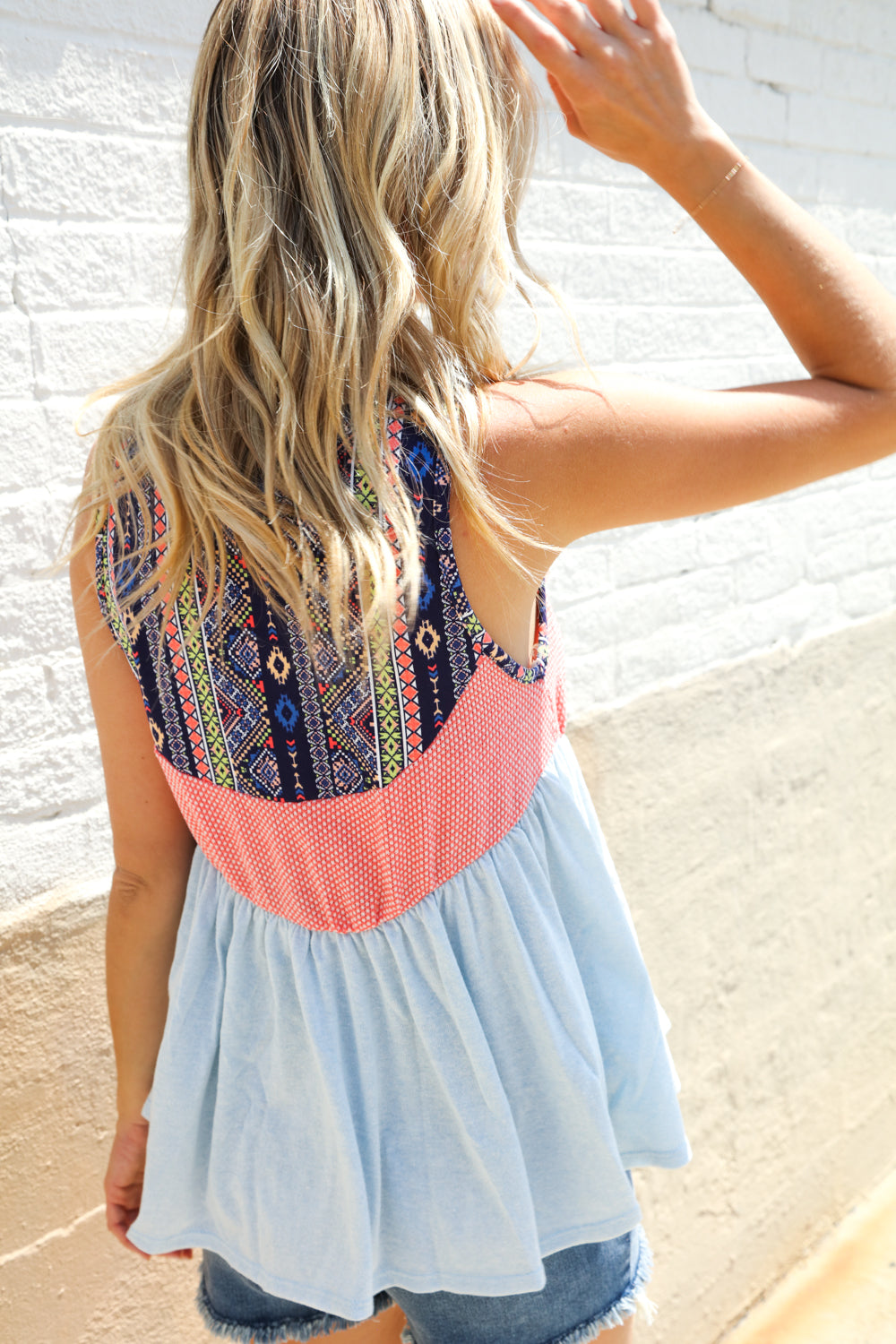 Vacay Vibes Coral/Blue Boho Print Color Block Sleeveless Top - Charming Charlie