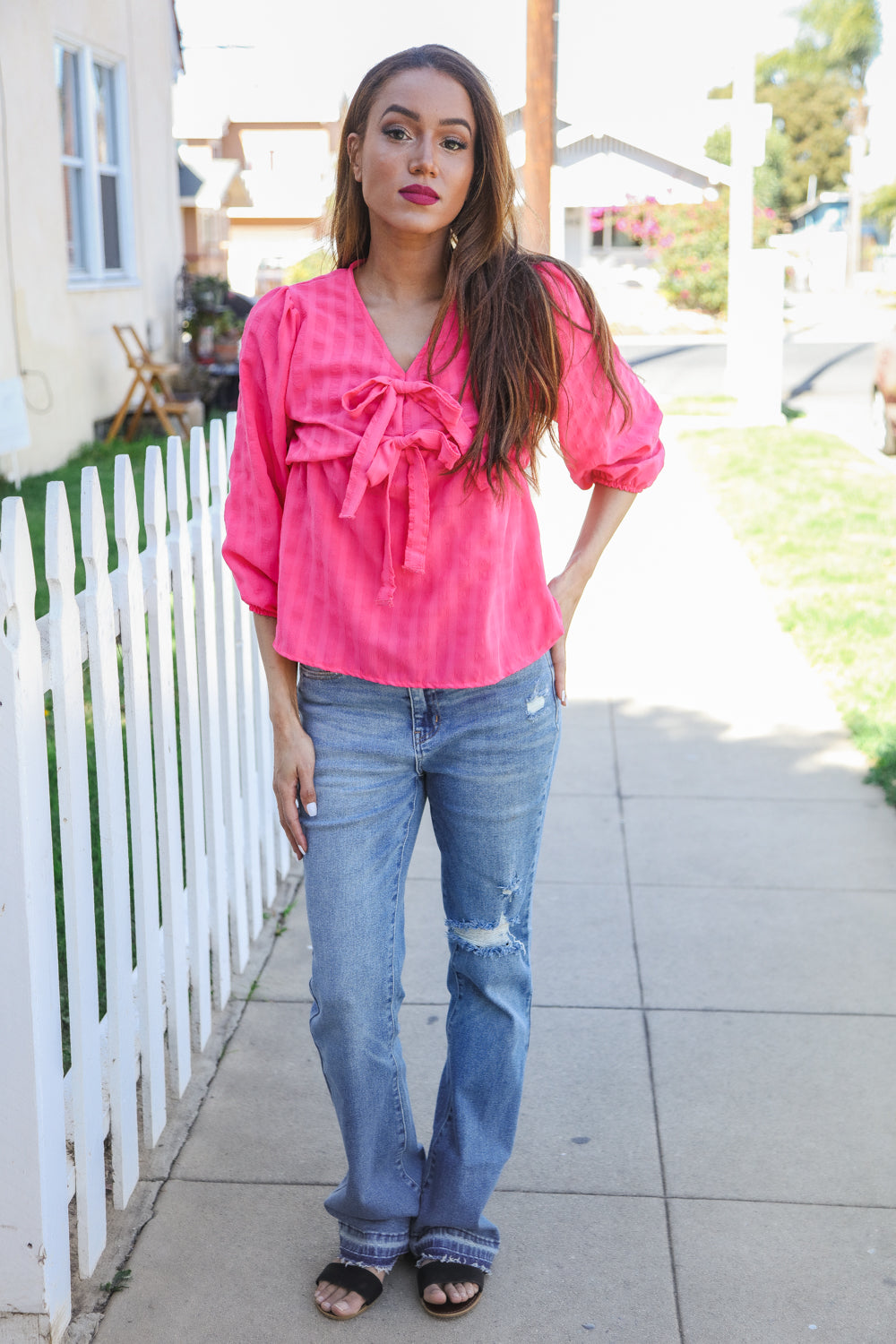 Stay With Me Pink V Neck Ribbon Bow Babydoll Woven Blouse - Charming Charlie