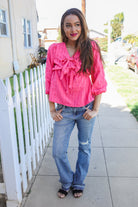Stay With Me Pink V Neck Ribbon Bow Babydoll Woven Blouse - Charming Charlie