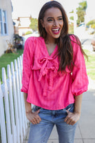 Stay With Me Pink V Neck Ribbon Bow Babydoll Woven Blouse - Charming Charlie