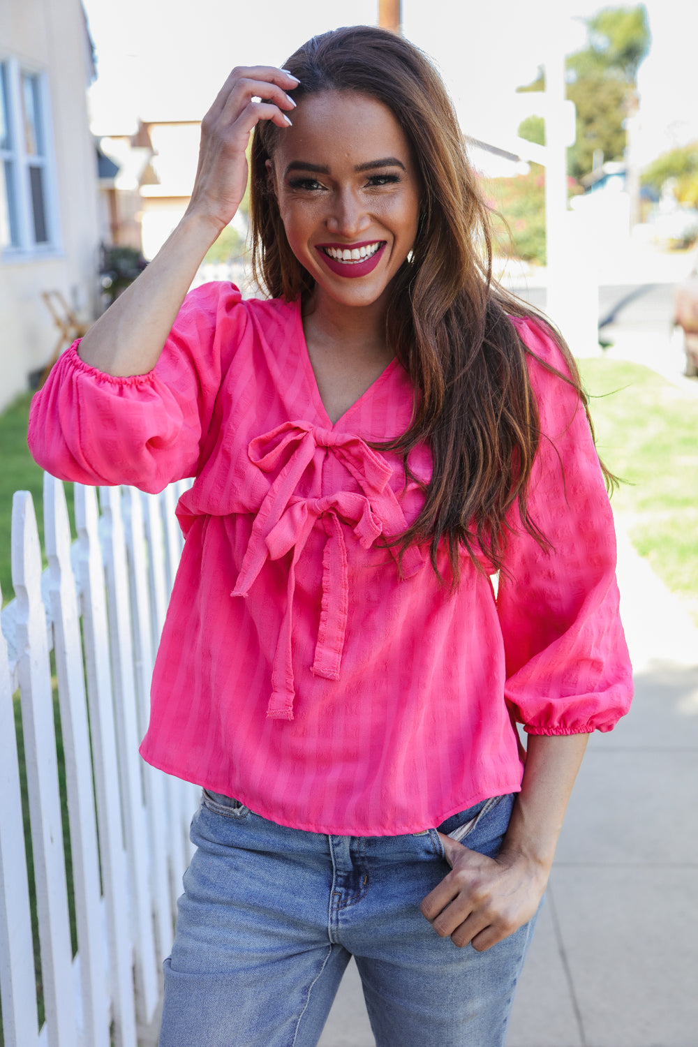 Stay With Me Pink V Neck Ribbon Bow Babydoll Woven Blouse - Charming Charlie