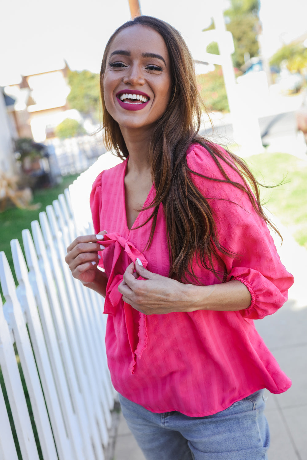 Stay With Me Pink V Neck Ribbon Bow Babydoll Woven Blouse - Charming Charlie