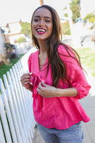 Stay With Me Pink V Neck Ribbon Bow Babydoll Woven Blouse - Charming Charlie