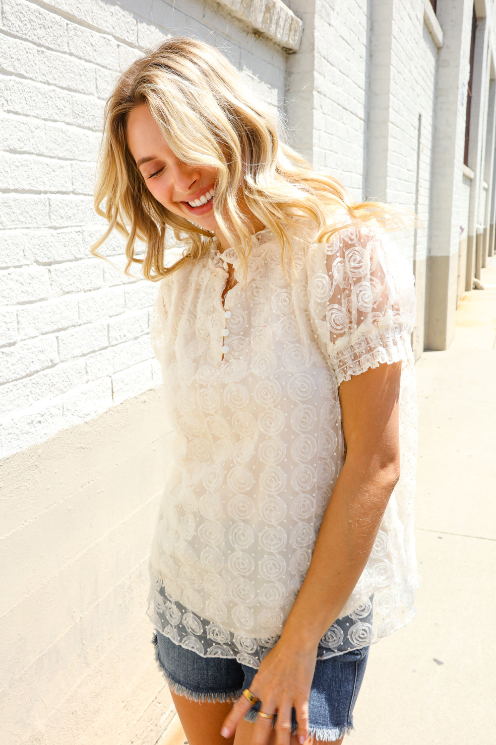 Classy Chic Ivory Swiss Dot Chiffon Button Yoke Lined Blouse - Charming Charlie