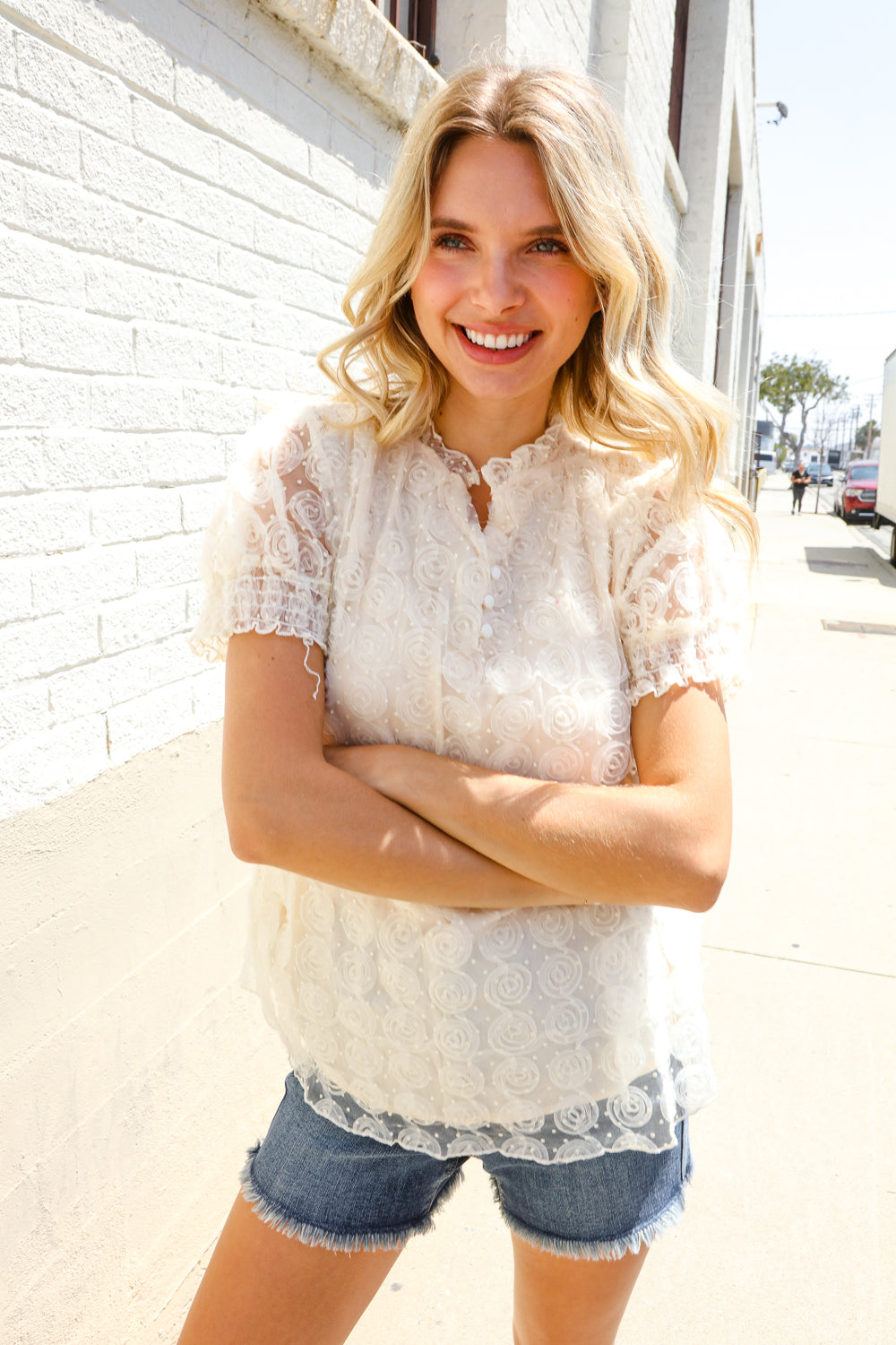 Classy Chic Ivory Swiss Dot Chiffon Button Yoke Lined Blouse - Charming Charlie