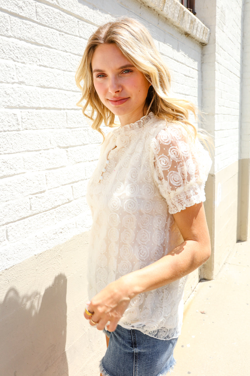 Classy Chic Ivory Swiss Dot Chiffon Button Yoke Lined Blouse - Charming Charlie
