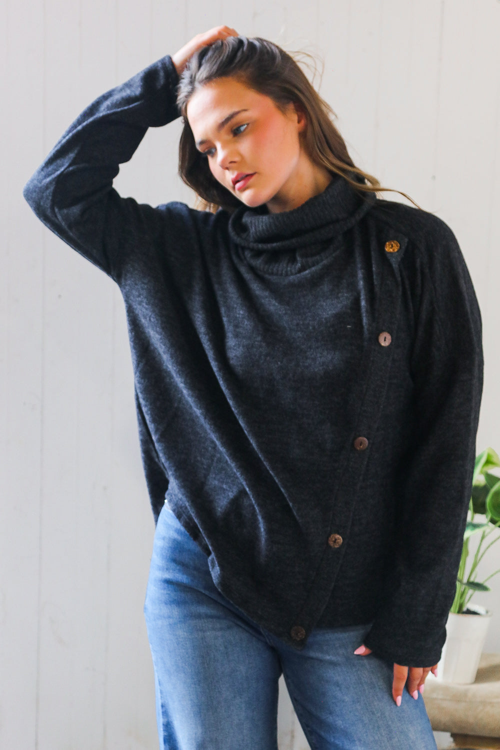 Buttoned Bliss Black Cozy Sweater - Charming Charlie