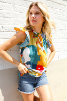 Be Bold Multicolor Abstract Print Flutter Sleeve Mock Neck Top - Charming Charlie