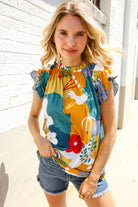 Be Bold Multicolor Abstract Print Flutter Sleeve Mock Neck Top - Charming Charlie