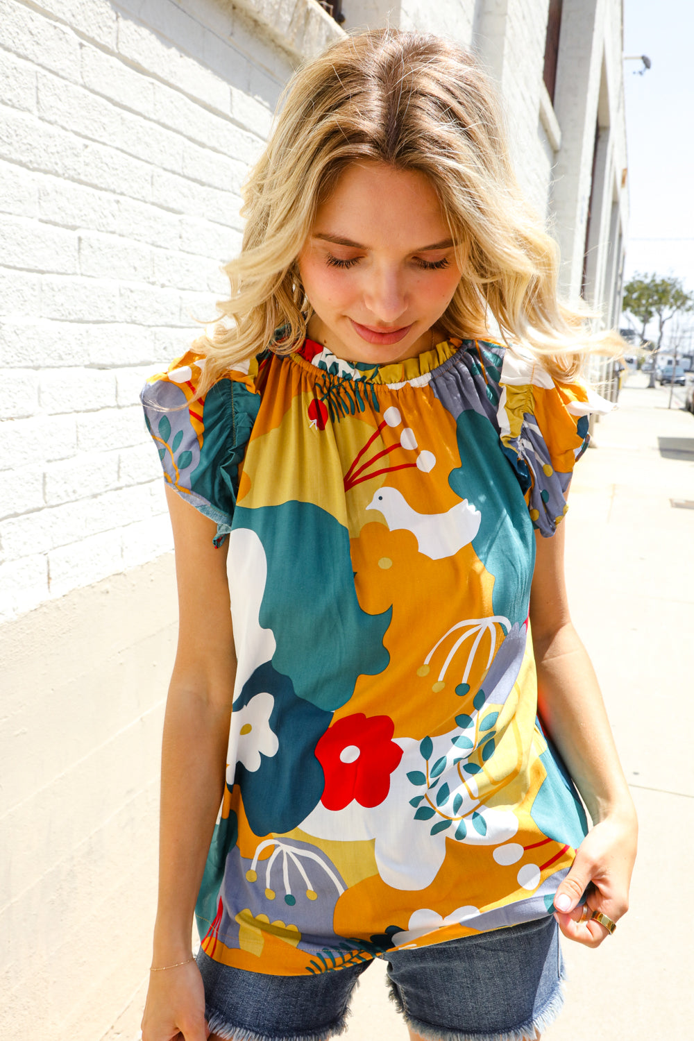 Be Bold Multicolor Abstract Print Flutter Sleeve Mock Neck Top - Charming Charlie