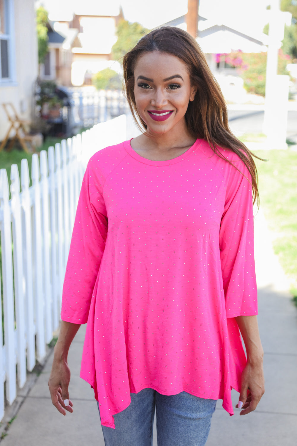 Be Bold Hot Pink Glitter Stud Scarf Hem Top - Charming Charlie