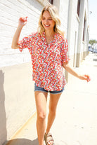 Elegant You Ruby Notched Neck Floral Smocked Sleeve Blouse - Charming Charlie