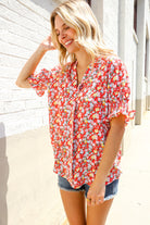 Elegant You Ruby Notched Neck Floral Smocked Sleeve Blouse - Charming Charlie