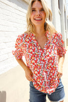 Elegant You Ruby Notched Neck Floral Smocked Sleeve Blouse - Charming Charlie