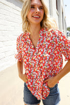 Elegant You Ruby Notched Neck Floral Smocked Sleeve Blouse - Charming Charlie