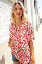 Elegant You Ruby Notched Neck Floral Smocked Sleeve Blouse - Charming Charlie