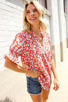 Elegant You Ruby Notched Neck Floral Smocked Sleeve Blouse - Charming Charlie