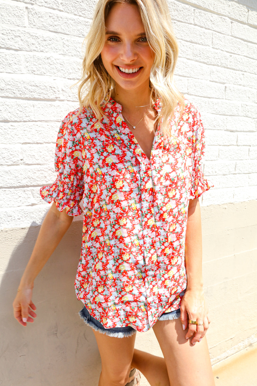 Elegant You Ruby Notched Neck Floral Smocked Sleeve Blouse - Charming Charlie