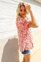 Elegant You Ruby Notched Neck Floral Smocked Sleeve Blouse - Charming Charlie
