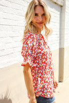 Elegant You Ruby Notched Neck Floral Smocked Sleeve Blouse - Charming Charlie
