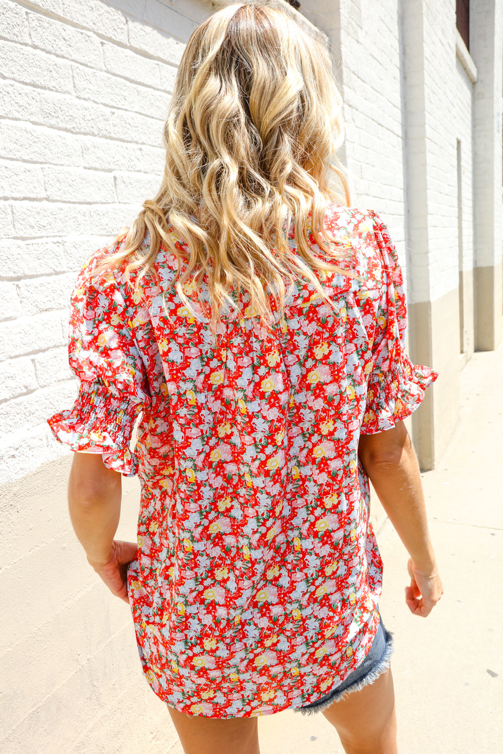 Elegant You Ruby Notched Neck Floral Smocked Sleeve Blouse - Charming Charlie