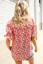 Elegant You Ruby Notched Neck Floral Smocked Sleeve Blouse - Charming Charlie