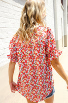 Elegant You Ruby Notched Neck Floral Smocked Sleeve Blouse - Charming Charlie