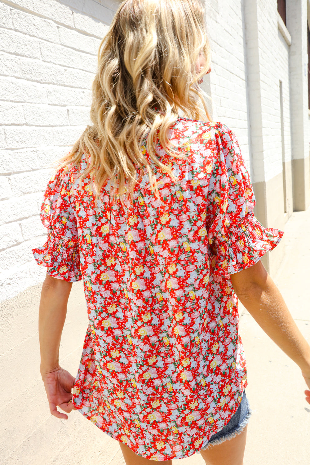 Elegant You Ruby Notched Neck Floral Smocked Sleeve Blouse - Charming Charlie