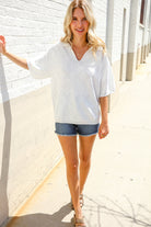 Lock Eyes White Pointelle Collar V Neck Short Sleeve Top - Charming Charlie