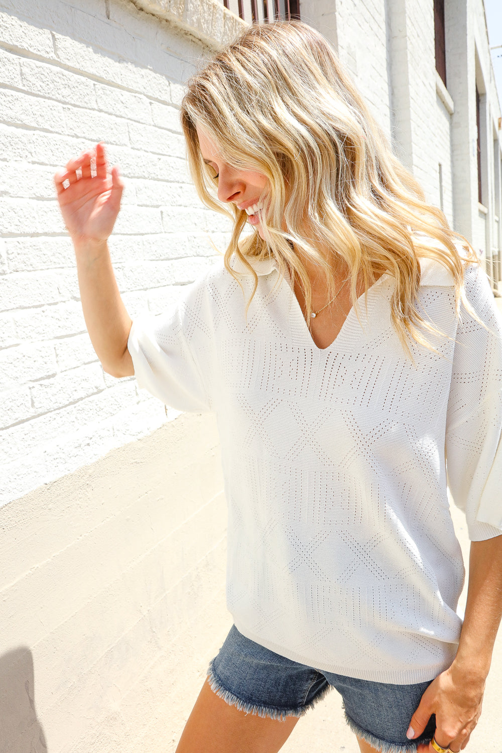 Lock Eyes White Pointelle Collar V Neck Short Sleeve Top - Charming Charlie