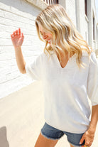 Lock Eyes White Pointelle Collar V Neck Short Sleeve Top - Charming Charlie